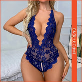 Women's Lace Jumpsuit Snap Crotch Lingerie Nightwear
